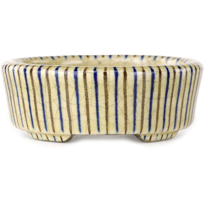 Pot à bonsaï ovale beige craquelé, bleu et marron multicolore par Terahata Satomi Mazan - 80 x 80 x 30 mm