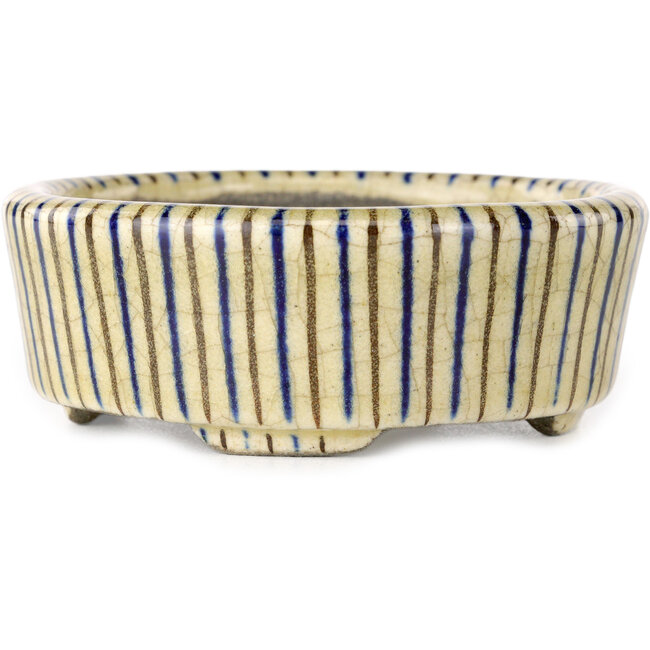 Oval beige craquelé, blue and brown, multicolor bonsai pot by Terahata Satomi Mazan - 80 x 80 x 30 mm