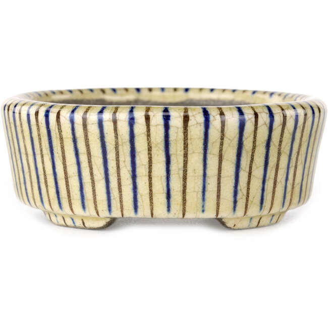 Pot à bonsaï ovale beige craquelé, bleu et marron multicolore par Terahata Satomi Mazan - 80 x 80 x 30 mm