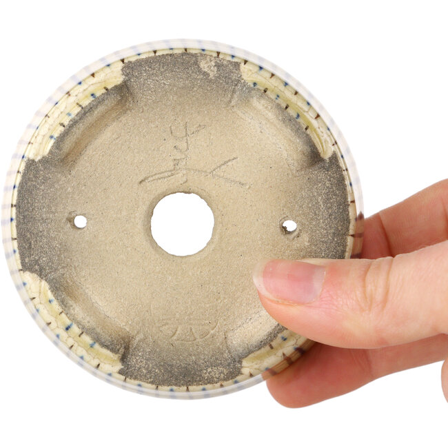 Pot à bonsaï ovale beige craquelé, bleu et marron multicolore par Terahata Satomi Mazan - 80 x 80 x 30 mm
