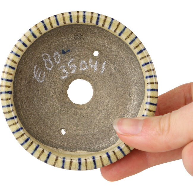 Pot à bonsaï ovale beige craquelé, bleu et marron multicolore par Terahata Satomi Mazan - 80 x 80 x 30 mm