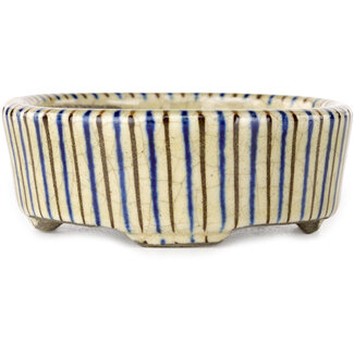  Satomi Mazan, Mazan Terahata 80 mm oval beige craquelé, blue and brown, multicolor bonsai pot by Terahata Satomi Mazan, Tokoname, Japan
