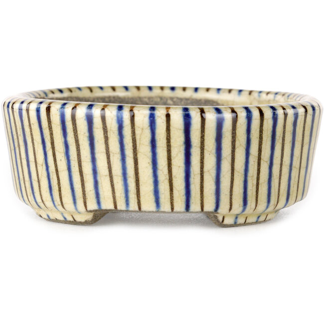 Oval beige craquelé, blue and brown, multicolor bonsai pot by Terahata Satomi Mazan - 80 x 80 x 30 mm