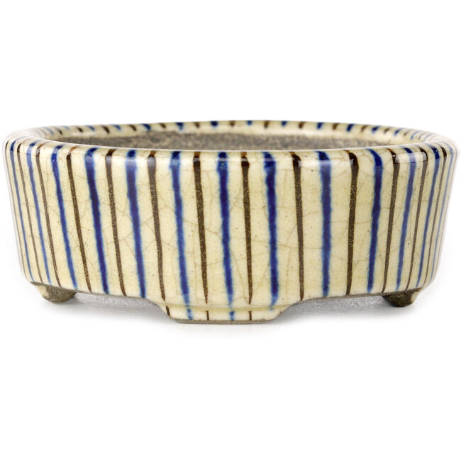 Oval beige craquelé, blue and brown, multicolor bonsai pot by Terahata Satomi Mazan - 80 x 80 x 30 mm