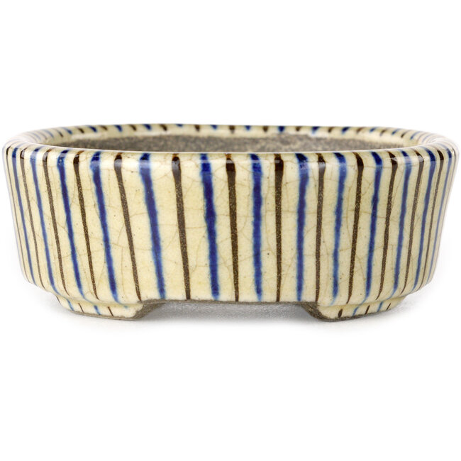 Oval beige craquelé, blue and brown, multicolor bonsai pot by Terahata Satomi Mazan - 80 x 80 x 30 mm