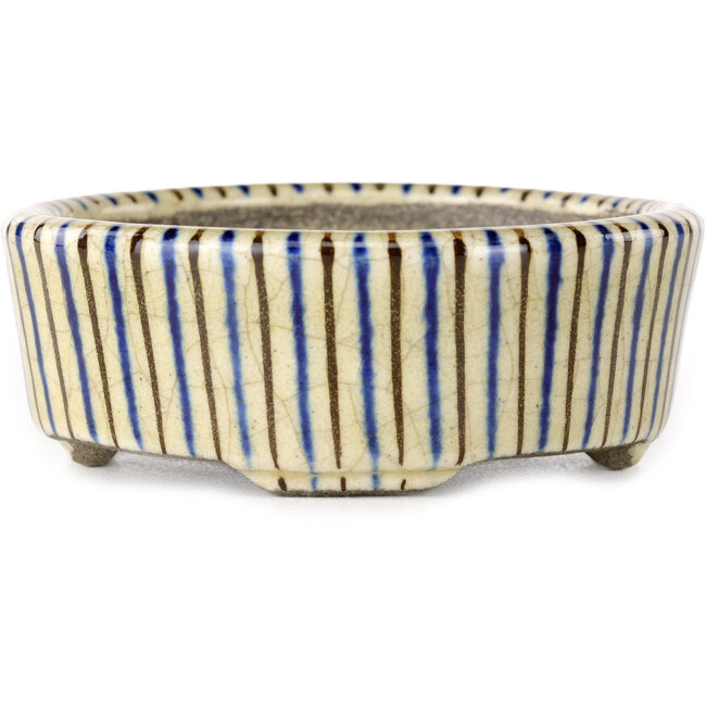 Oval beige craquelé, blue and brown, multicolor bonsai pot by Terahata Satomi Mazan - 80 x 80 x 30 mm