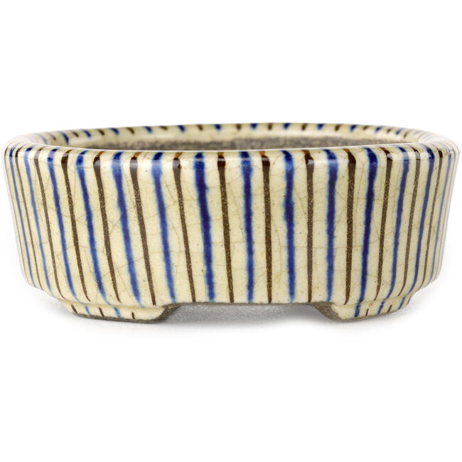 Oval beige craquelé, blue and brown, multicolor bonsai pot by Terahata Satomi Mazan - 80 x 80 x 30 mm