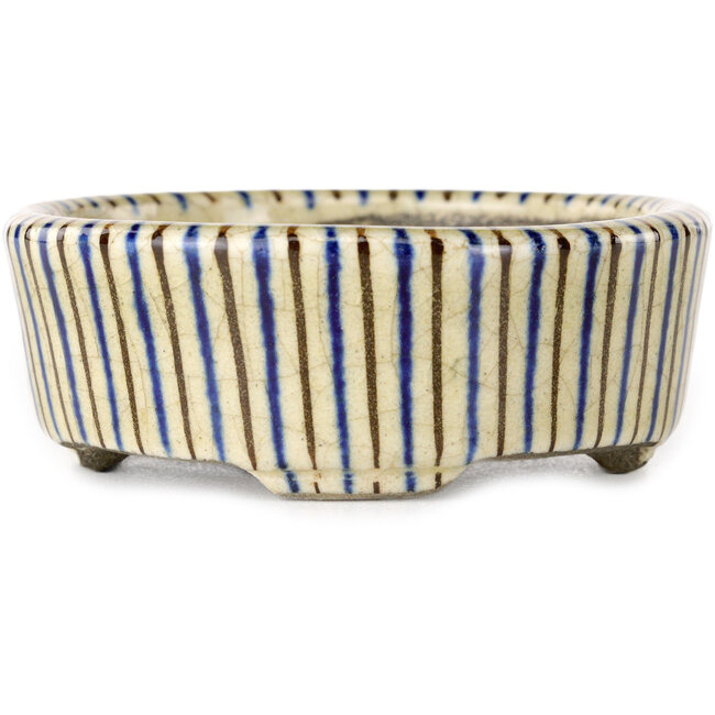 Oval beige craquelé, blue and brown, multicolor bonsai pot by Terahata Satomi Mazan - 80 x 80 x 30 mm