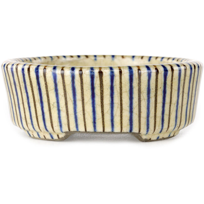 Oval beige craquelé, blue and brown, multicolor bonsai pot by Terahata Satomi Mazan - 80 x 80 x 30 mm