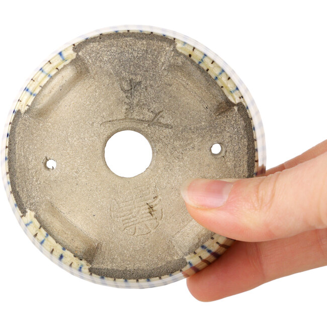 Oval beige craquelé, blue and brown, multicolor bonsai pot by Terahata Satomi Mazan - 80 x 80 x 30 mm