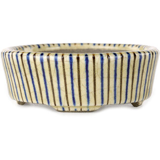  Satomi Mazan, Mazan Terahata Pot à bonsaï ovale beige craquelé, bleu et marron, multicolore 80 mm par Terahata Satomi Mazan, Tokoname, Japon