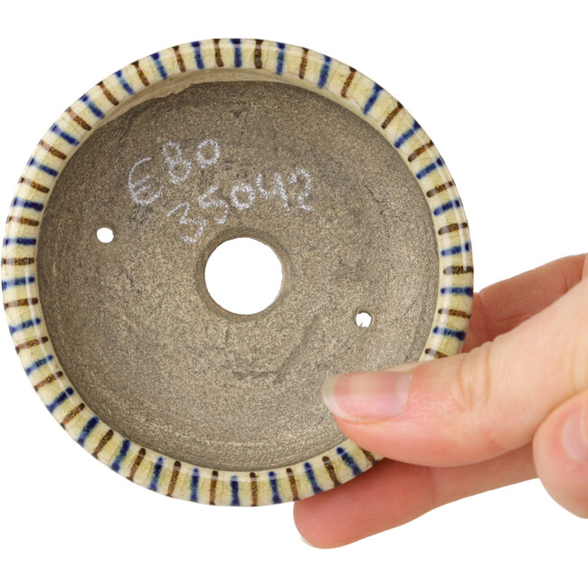 Oval beige craquelé, blue and brown, multicolor bonsai pot by Terahata Satomi Mazan - 80 x 80 x 30 mm