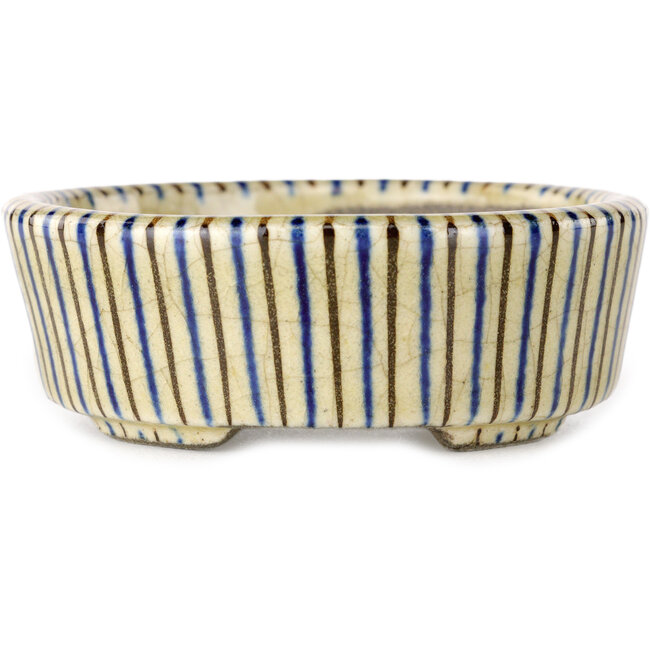 Pot à bonsaï ovale beige craquelé, bleu et marron multicolore par Terahata Satomi Mazan - 80 x 80 x 30 mm