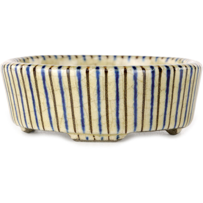 Oval beige craquelé, blue and brown, multicolor bonsai pot by Terahata Satomi Mazan - 80 x 80 x 30 mm