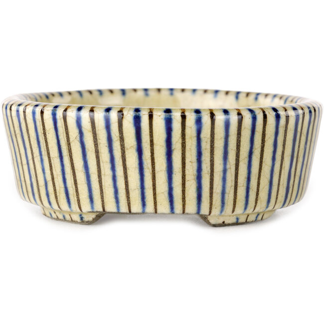 Oval beige craquelé, blue and brown, multicolor bonsai pot by Terahata Satomi Mazan - 80 x 80 x 30 mm
