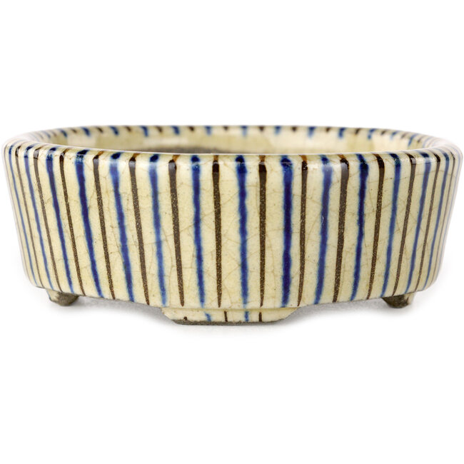 Oval beige craquelé, blue and brown, multicolor bonsai pot by Terahata Satomi Mazan - 80 x 80 x 30 mm