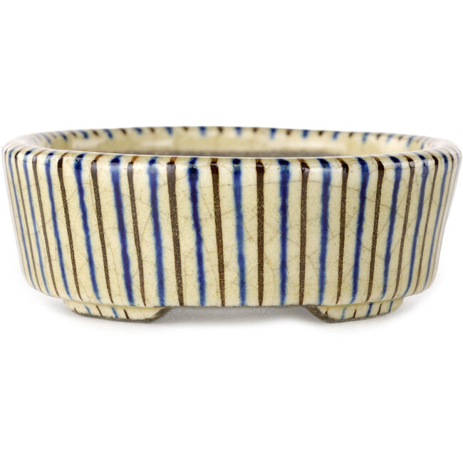 Ovaler, beigefarbener Bonsai-Topf mit Craquelé-Muster, blauen und braunen Akzenten, von Terahata Satomi Mazan – 80 x 80 x 30 mm