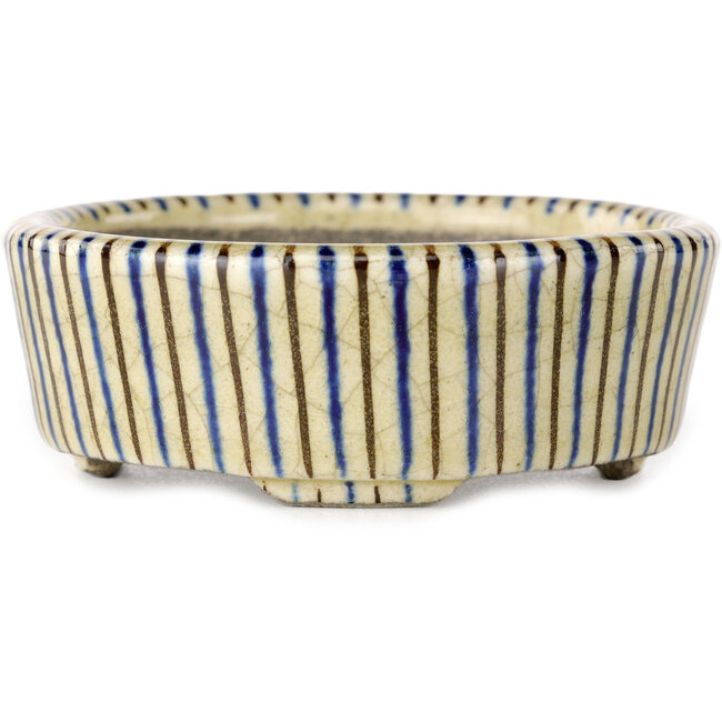 Ovale beige bonsaipot met craquelé-, blauwe en bruine accenten, gemaakt door Terahata Satomi Mazan - 80 x 80 x 30 mm