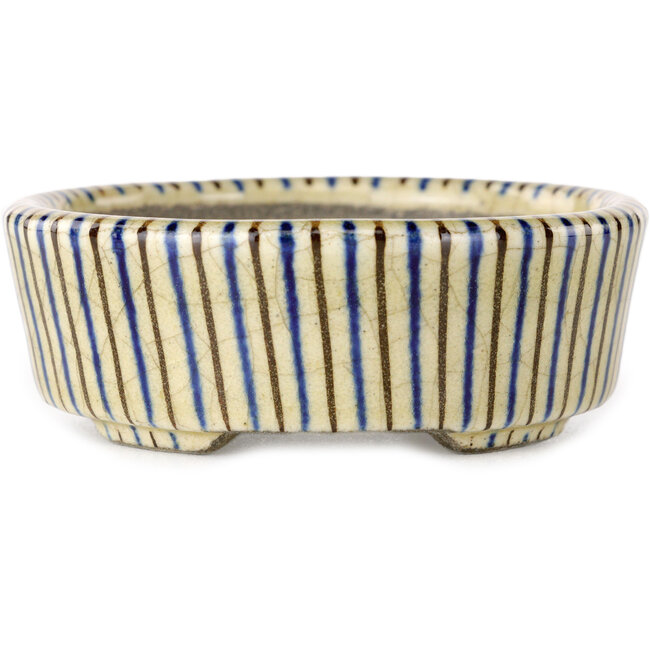 Oval beige craquelé, blue and brown, multicolor bonsai pot by Terahata Satomi Mazan - 80 x 80 x 30 mm