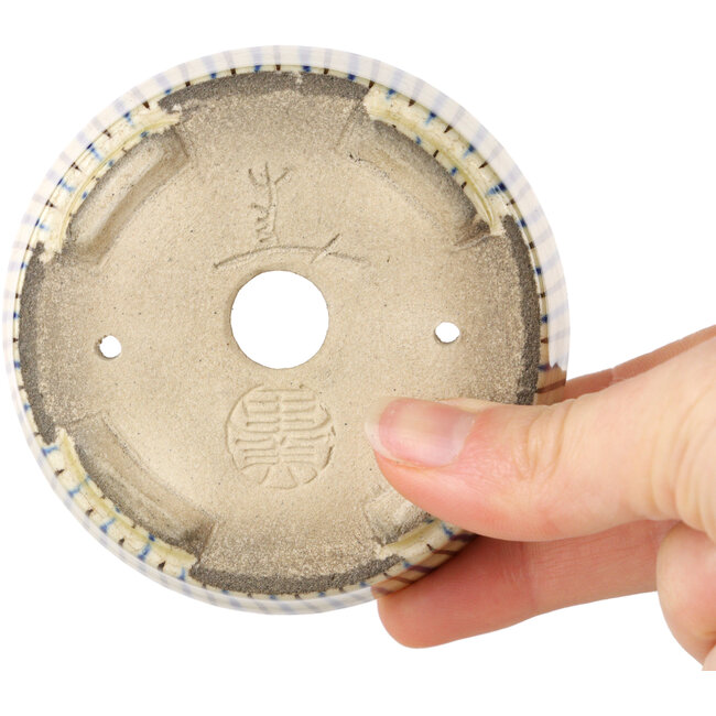 Pot à bonsaï ovale beige craquelé, bleu et marron multicolore par Terahata Satomi Mazan - 80 x 80 x 30 mm