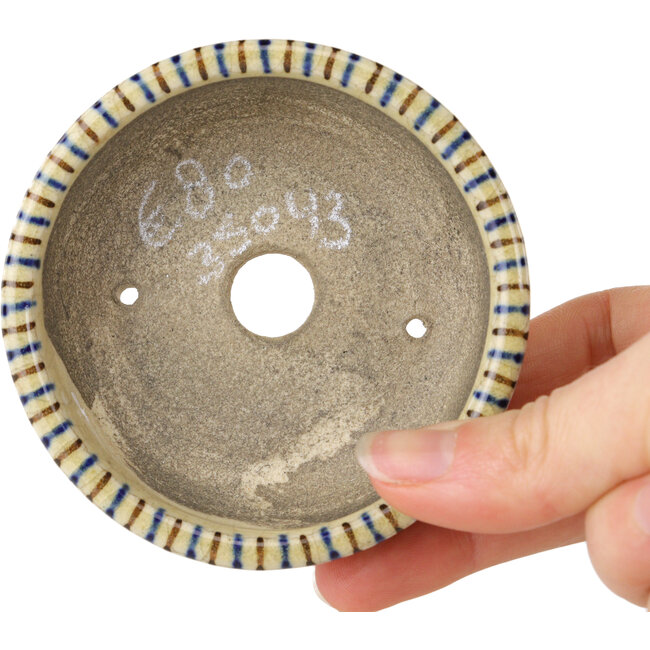 Pot à bonsaï ovale beige craquelé, bleu et marron multicolore par Terahata Satomi Mazan - 80 x 80 x 30 mm