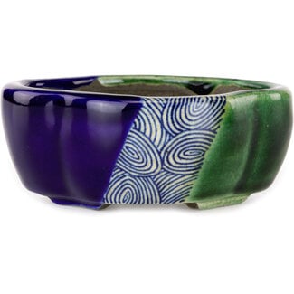  Satomi Mazan, Mazan Terahata Vaso bonsai mokko blu e verde craquelé da 102 mm di Terahata Satomi Mazan, Tokoname, Giappone