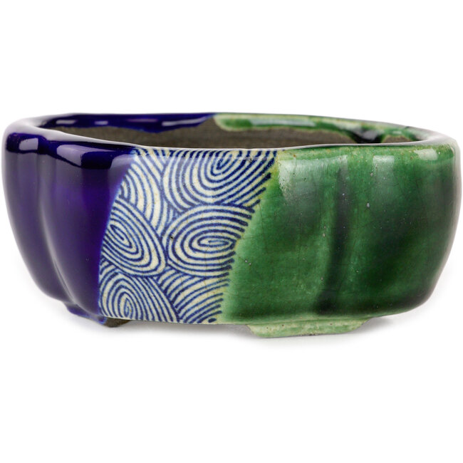 Blauer und grüner Craquelé-Bonsaitopf Mokko von Terahata Satomi Mazan – 102 x 85 x 40 mm