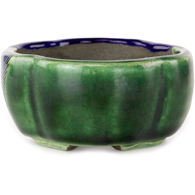 Blauer und grüner Craquelé-Bonsaitopf Mokko von Terahata Satomi Mazan – 102 x 85 x 40 mm