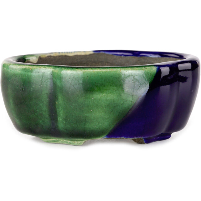 Maceta para bonsái craquelé azul y verde Mokko de Terahata Satomi Mazan - 102 x 85 x 40 mm