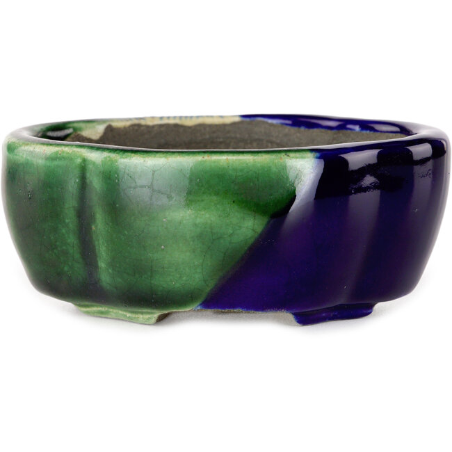 Vaso bonsai Mokko craquelé blu e verde di Terahata Satomi Mazan - 102 x 85 x 40 mm