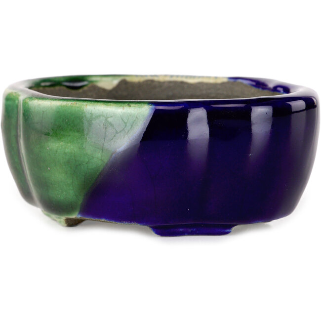 Vaso bonsai Mokko craquelé blu e verde di Terahata Satomi Mazan - 102 x 85 x 40 mm