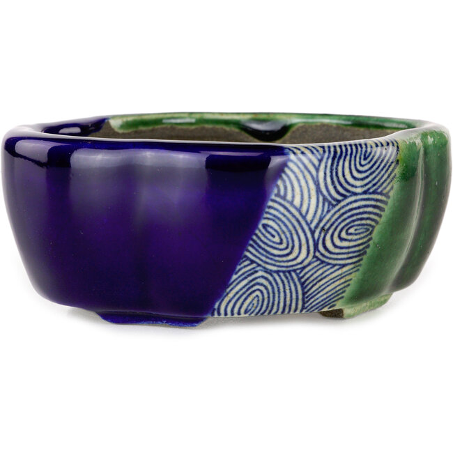 Maceta para bonsái craquelé azul y verde Mokko de Terahata Satomi Mazan - 102 x 85 x 40 mm