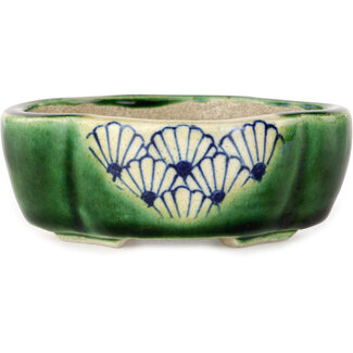  Satomi Mazan, Mazan Terahata 102 mm mokko groene craquelé bonsaipot van Terahata Satomi Mazan, Tokoname, Japan