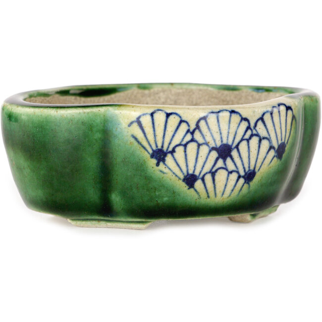 Mokko grüner Craquelé-Bonsaitopf von Terahata Satomi Mazan – 102 x 85 x 40 mm