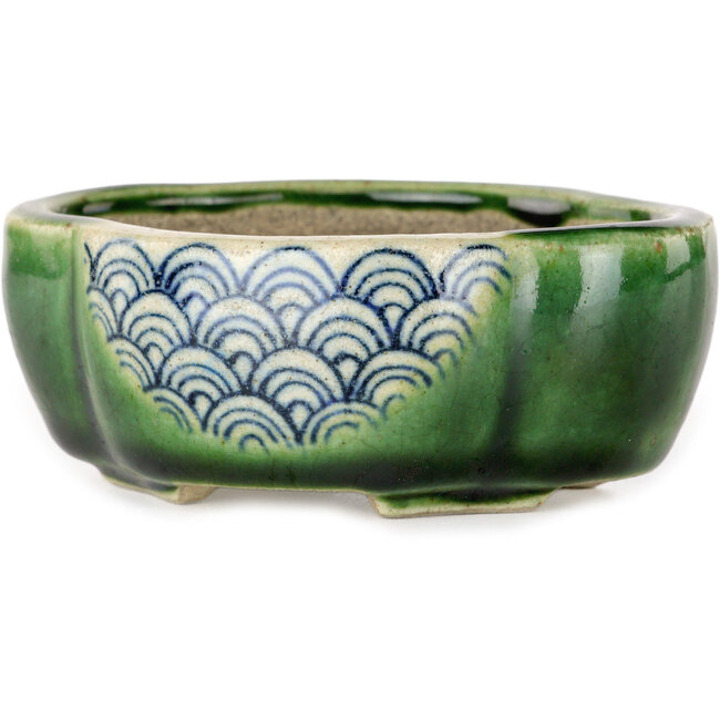 Pot à bonsaï craquelé vert Mokko par Terahata Satomi Mazan - 102 x 85 x 40 mm