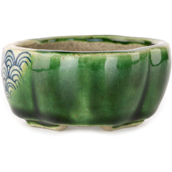 Mokko green craquelé bonsai pot by Terahata Satomi Mazan - 102 x 85 x 40 mm