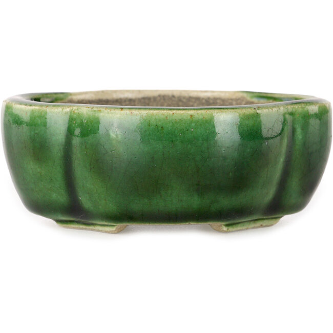 Pot à bonsaï craquelé vert Mokko par Terahata Satomi Mazan - 102 x 85 x 40 mm