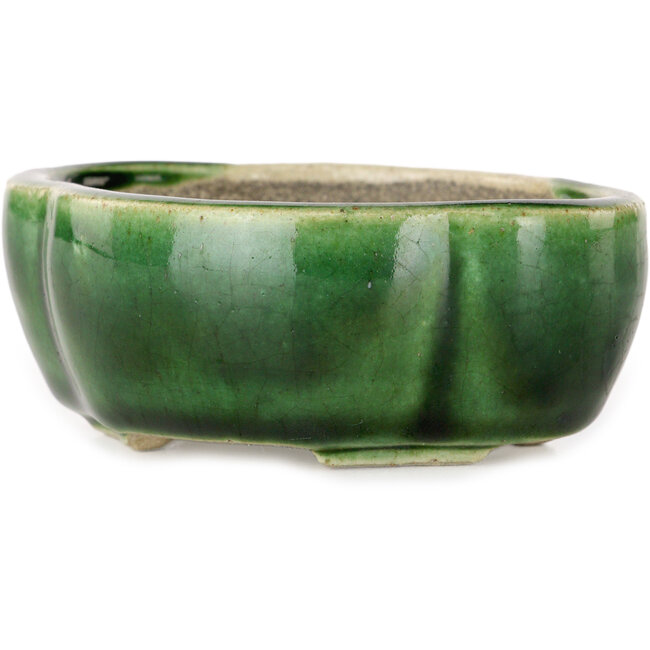 Mokko green craquelé bonsai pot by Terahata Satomi Mazan - 102 x 85 x 40 mm