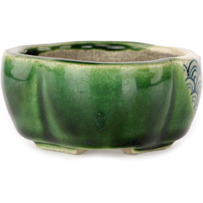 Mokko grüner Craquelé-Bonsaitopf von Terahata Satomi Mazan – 102 x 85 x 40 mm
