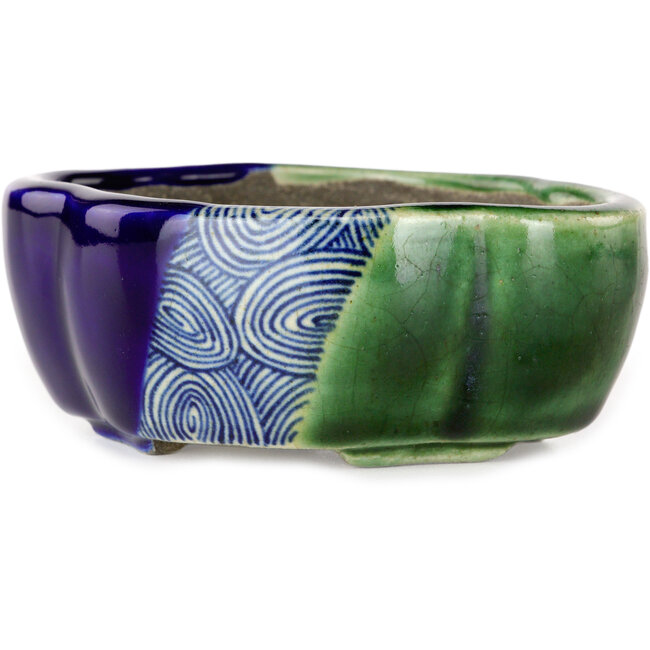 Vaso bonsai Mokko craquelé blu e verde di Terahata Satomi Mazan - 102 x 85 x 40 mm