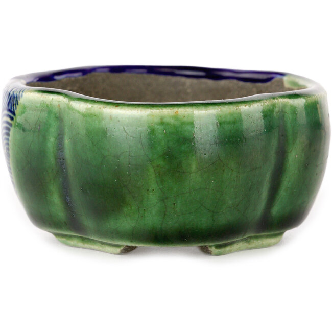 Blauer und grüner Craquelé-Bonsaitopf Mokko von Terahata Satomi Mazan – 102 x 85 x 40 mm