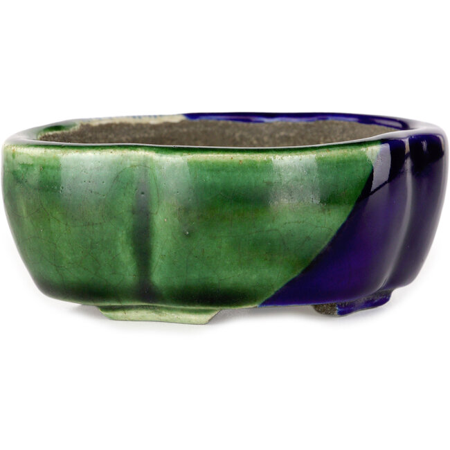 Maceta para bonsái craquelé azul y verde Mokko de Terahata Satomi Mazan - 102 x 85 x 40 mm