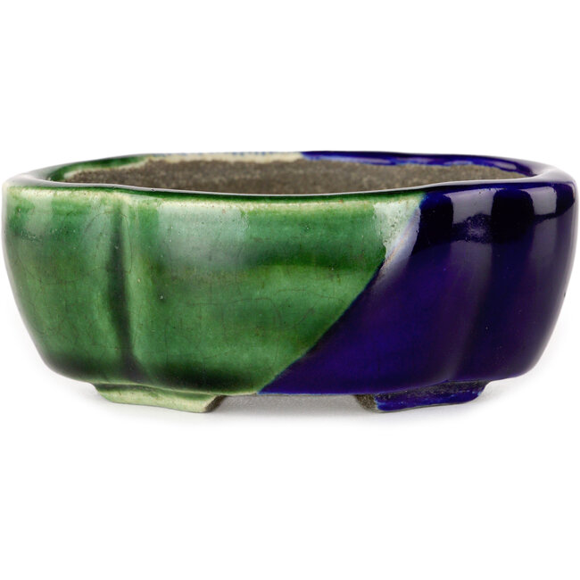 Vaso bonsai Mokko craquelé blu e verde di Terahata Satomi Mazan - 102 x 85 x 40 mm