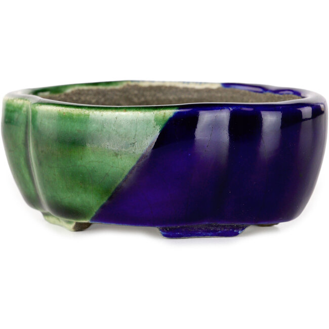 Blauer und grüner Craquelé-Bonsaitopf Mokko von Terahata Satomi Mazan – 102 x 85 x 40 mm