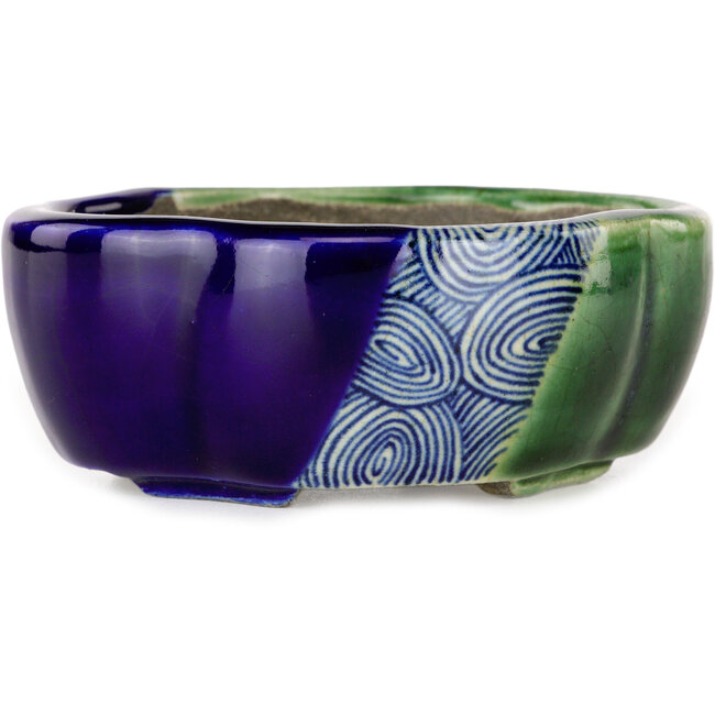 Vaso bonsai Mokko craquelé blu e verde di Terahata Satomi Mazan - 102 x 85 x 40 mm