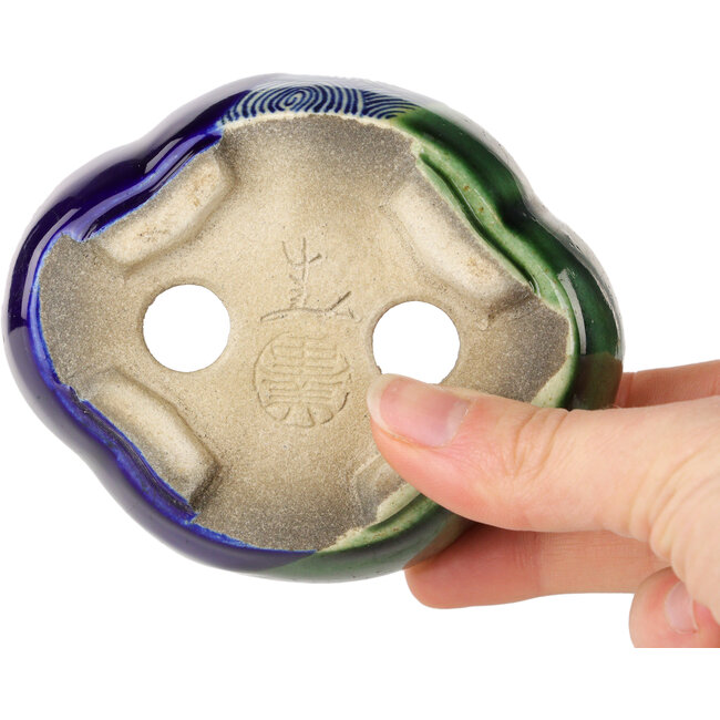 Maceta para bonsái craquelé azul y verde Mokko de Terahata Satomi Mazan - 102 x 85 x 40 mm