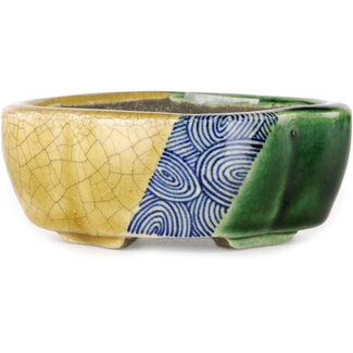  Satomi Mazan, Mazan Terahata Maceta para bonsái craquelé mokko de 102 mm en amarillo y verde de Terahata Satomi Mazan, Tokoname, Japón
