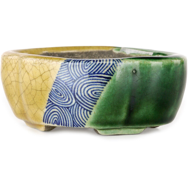 Mokko yellow and green craquelé bonsai pot by Terahata Satomi Mazan - 102 x 85 x 40 mm
