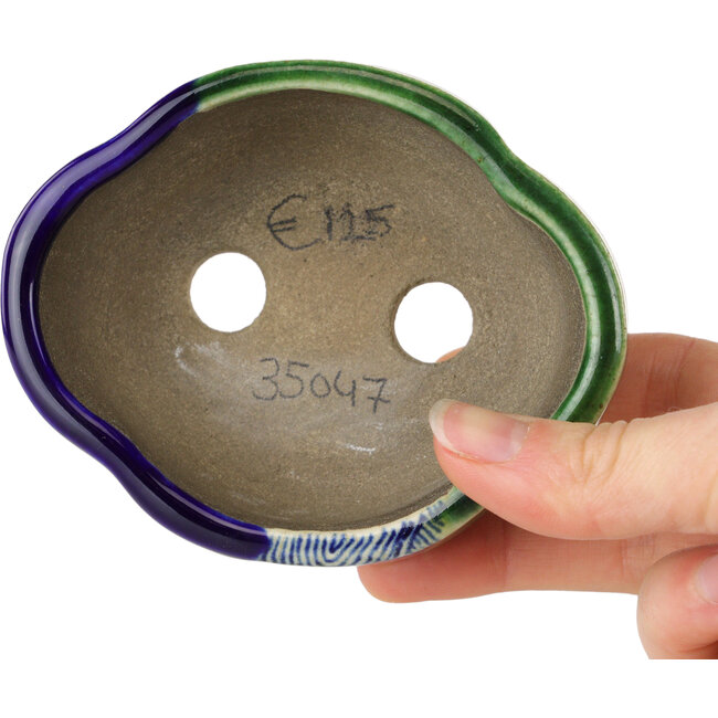 Maceta para bonsái craquelé azul y verde Mokko de Terahata Satomi Mazan - 102 x 85 x 40 mm