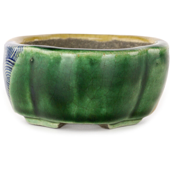 Maceta para bonsái craquelé amarillo y verde Mokko de Terahata Satomi Mazan - 102 x 85 x 40 mm